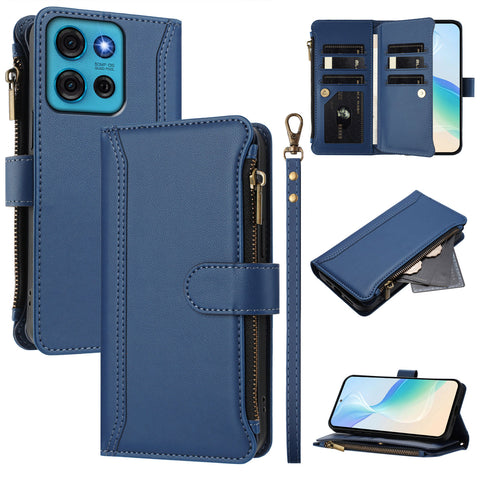 For Motorola Moto G75 5G Leather Case 9 Card Slots Zipper Wallet Stand Phone Cover with Wrist Strap