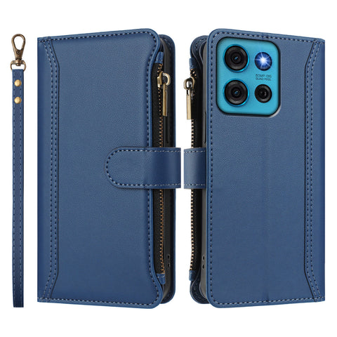 For Motorola Moto G75 5G Leather Case 9 Card Slots Zipper Wallet Stand Phone Cover with Wrist Strap
