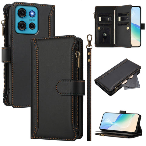For Motorola Moto G75 5G Leather Case 9 Card Slots Zipper Wallet Stand Phone Cover with Wrist Strap
