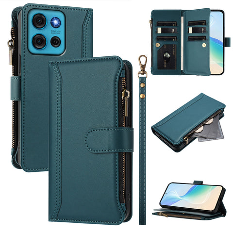 For Motorola Moto G75 5G Leather Case 9 Card Slots Zipper Wallet Stand Phone Cover with Wrist Strap