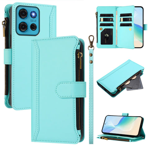 For Motorola Moto G75 5G Leather Case 9 Card Slots Zipper Wallet Stand Phone Cover with Wrist Strap