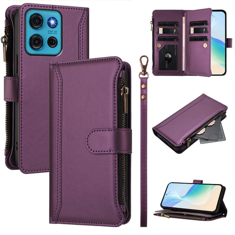 For Motorola Moto G75 5G Leather Case 9 Card Slots Zipper Wallet Stand Phone Cover with Wrist Strap