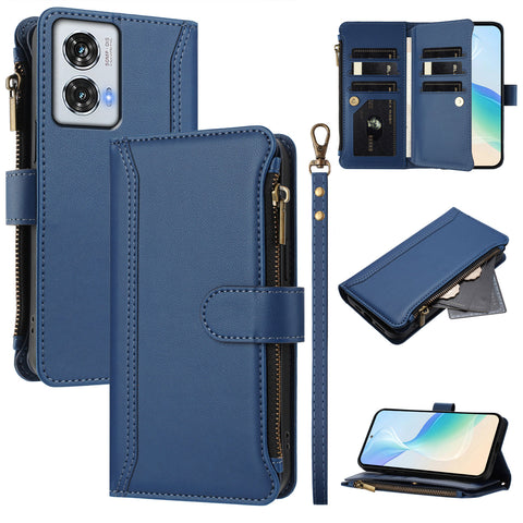 For Motorola Moto G85 5G / Motorola Edge 50 Fusion 5G Leather Case 9 Card Slots Zipper Wallet Stand Phone Cover with Wrist Strap