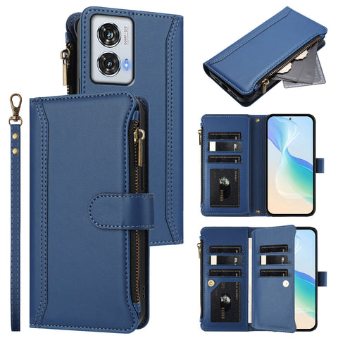 For Motorola Moto G85 5G / Motorola Edge 50 Fusion 5G Leather Case 9 Card Slots Zipper Wallet Stand Phone Cover with Wrist Strap