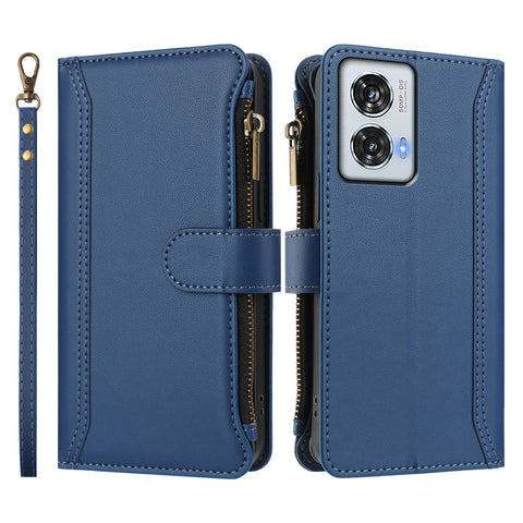 For Motorola Moto G85 5G / Motorola Edge 50 Fusion 5G Leather Case 9 Card Slots Zipper Wallet Stand Phone Cover with Wrist Strap