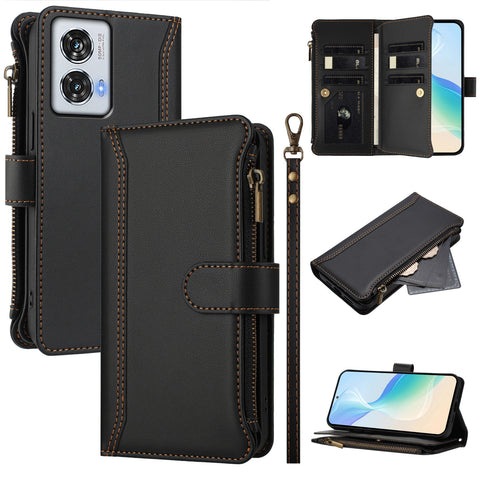 For Motorola Moto G85 5G / Motorola Edge 50 Fusion 5G Leather Case 9 Card Slots Zipper Wallet Stand Phone Cover with Wrist Strap