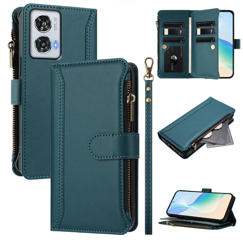 For Motorola Moto G85 5G / Motorola Edge 50 Fusion 5G Leather Case 9 Card Slots Zipper Wallet Stand Phone Cover with Wrist Strap