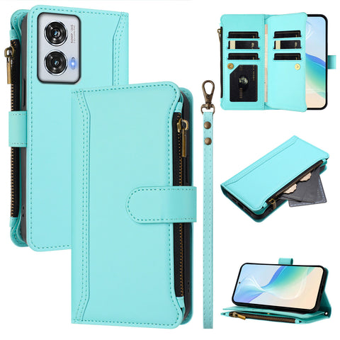 For Motorola Moto G85 5G / Motorola Edge 50 Fusion 5G Leather Case 9 Card Slots Zipper Wallet Stand Phone Cover with Wrist Strap