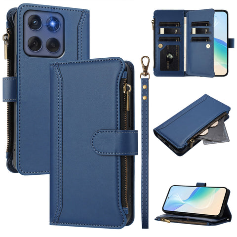 For Motorola Edge (2025) 5G / Motorola Edge 60 Fusion 5G Leather Case 9 Card Slots Zipper Wallet Stand Phone Cover with Wrist Strap