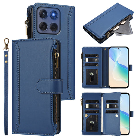 For Motorola Edge (2025) 5G / Motorola Edge 60 Fusion 5G Leather Case 9 Card Slots Zipper Wallet Stand Phone Cover with Wrist Strap