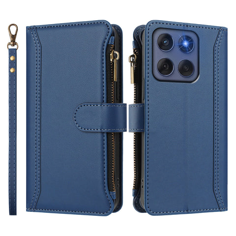 For Motorola Edge (2025) 5G / Motorola Edge 60 Fusion 5G Leather Case 9 Card Slots Zipper Wallet Stand Phone Cover with Wrist Strap