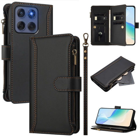 For Motorola Edge (2025) 5G / Motorola Edge 60 Fusion 5G Leather Case 9 Card Slots Zipper Wallet Stand Phone Cover with Wrist Strap