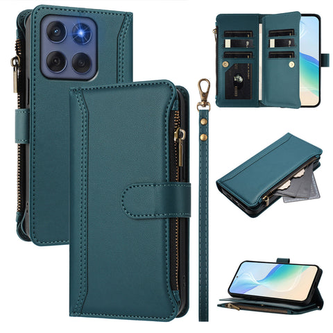 For Motorola Edge (2025) 5G / Motorola Edge 60 Fusion 5G Leather Case 9 Card Slots Zipper Wallet Stand Phone Cover with Wrist Strap
