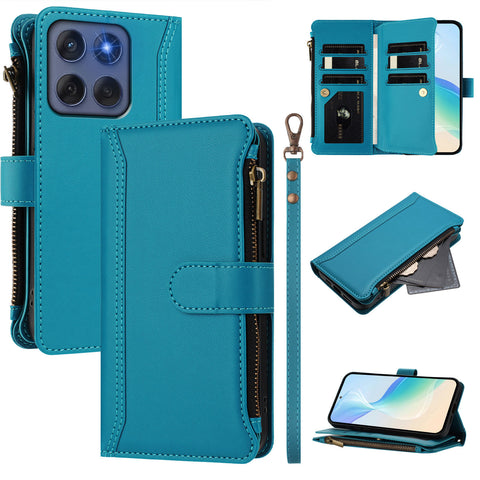 For Motorola Edge (2025) 5G / Motorola Edge 60 Fusion 5G Leather Case 9 Card Slots Zipper Wallet Stand Phone Cover with Wrist Strap
