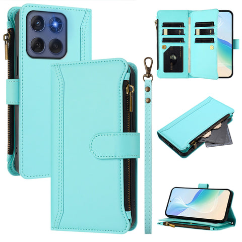 For Motorola Edge (2025) 5G / Motorola Edge 60 Fusion 5G Leather Case 9 Card Slots Zipper Wallet Stand Phone Cover with Wrist Strap
