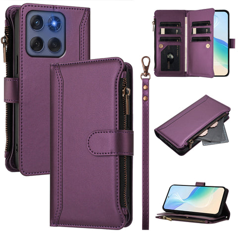 For Motorola Edge (2025) 5G / Motorola Edge 60 Fusion 5G Leather Case 9 Card Slots Zipper Wallet Stand Phone Cover with Wrist Strap