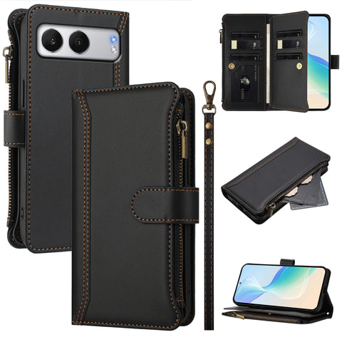 For OnePlus Nord 4 Leather Case 9 Card Slots Zipper Wallet Stand Phone Cover with Wrist Strap