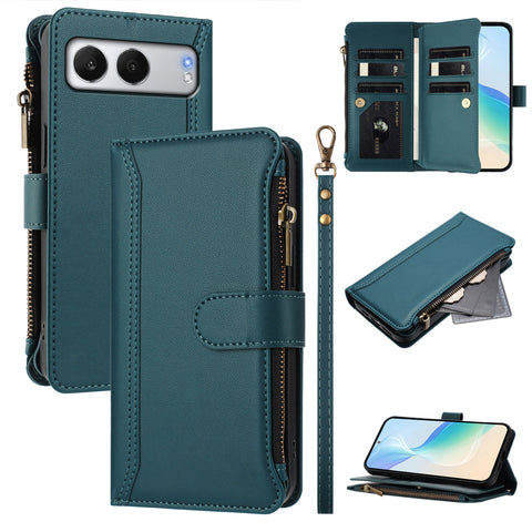 For OnePlus Nord 4 Leather Case 9 Card Slots Zipper Wallet Stand Phone Cover with Wrist Strap