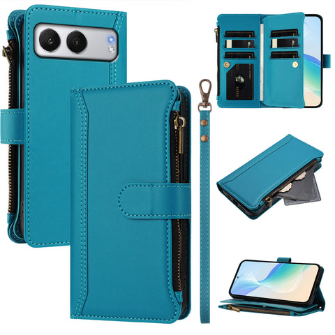 For OnePlus Nord 4 Leather Case 9 Card Slots Zipper Wallet Stand Phone Cover with Wrist Strap
