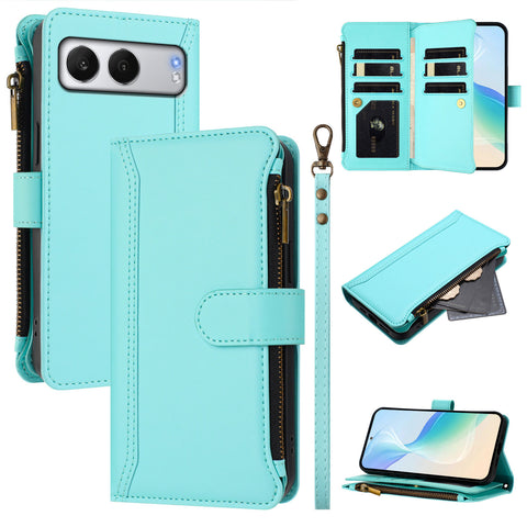 For OnePlus Nord 4 Leather Case 9 Card Slots Zipper Wallet Stand Phone Cover with Wrist Strap