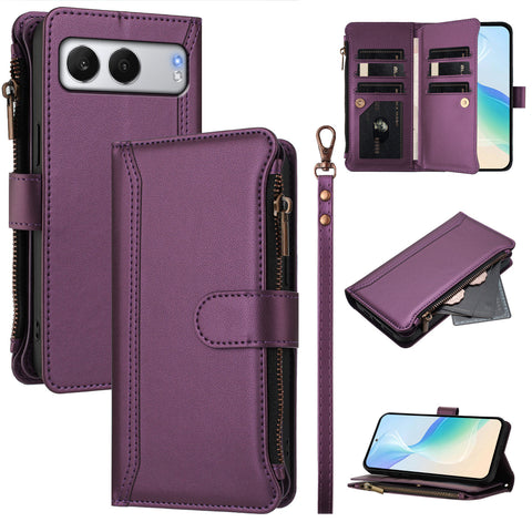 For OnePlus Nord 4 Leather Case 9 Card Slots Zipper Wallet Stand Phone Cover with Wrist Strap