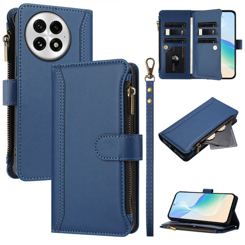 For OnePlus 13 Leather Case 9 Card Slots Zipper Wallet Stand Phone Cover with Wrist Strap
