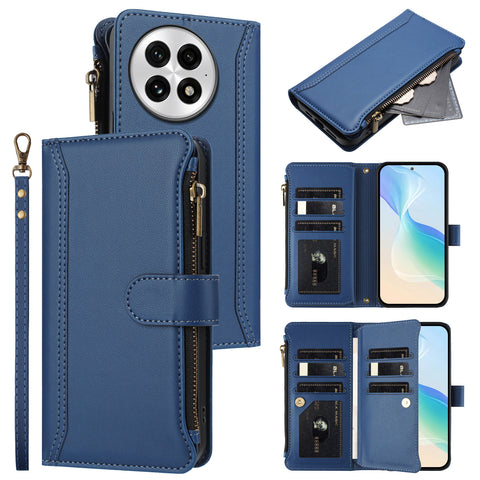 For OnePlus 13 Leather Case 9 Card Slots Zipper Wallet Stand Phone Cover with Wrist Strap