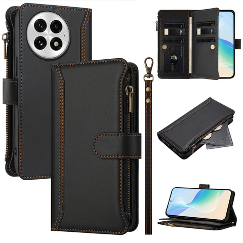 For OnePlus 13 Leather Case 9 Card Slots Zipper Wallet Stand Phone Cover with Wrist Strap