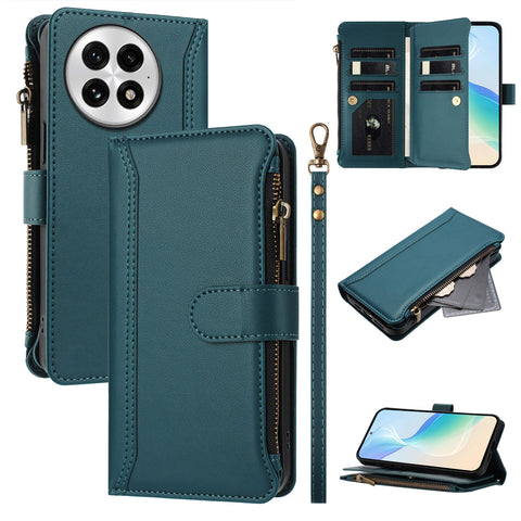 For OnePlus 13 Leather Case 9 Card Slots Zipper Wallet Stand Phone Cover with Wrist Strap