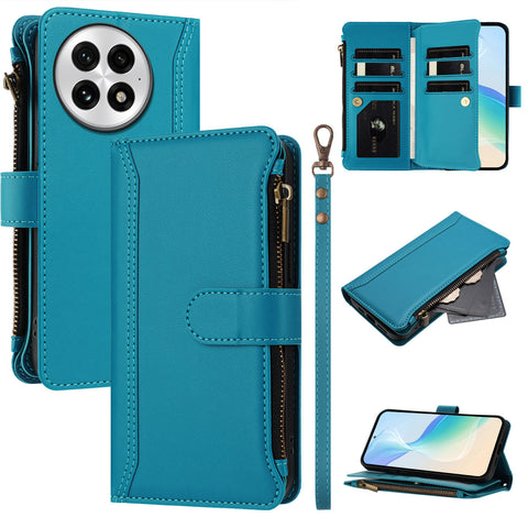 For OnePlus 13 Leather Case 9 Card Slots Zipper Wallet Stand Phone Cover with Wrist Strap