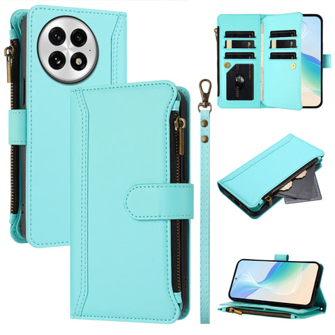 For OnePlus 13 Leather Case 9 Card Slots Zipper Wallet Stand Phone Cover with Wrist Strap