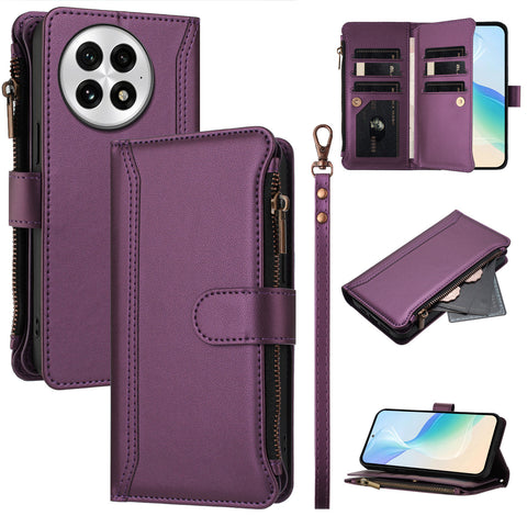 For OnePlus 13 Leather Case 9 Card Slots Zipper Wallet Stand Phone Cover with Wrist Strap