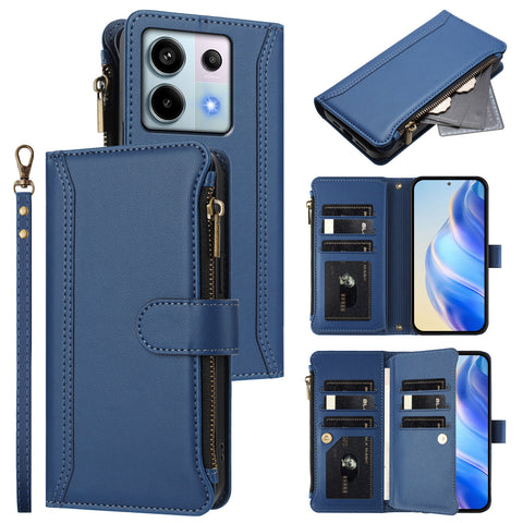 For Xiaomi Poco X6 5G / Xiaomi Redmi Note 13 Pro 5G Leather Case 9 Card Slots Zipper Wallet Stand Phone Cover with Wrist Strap