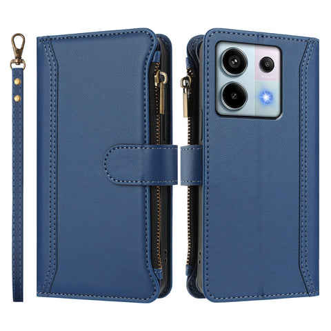 For Xiaomi Poco X6 5G / Xiaomi Redmi Note 13 Pro 5G Leather Case 9 Card Slots Zipper Wallet Stand Phone Cover with Wrist Strap