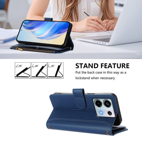 For Xiaomi Poco X6 5G / Xiaomi Redmi Note 13 Pro 5G Leather Case 9 Card Slots Zipper Wallet Stand Phone Cover with Wrist Strap
