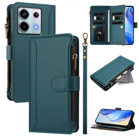 For Xiaomi Poco X6 5G / Xiaomi Redmi Note 13 Pro 5G Leather Case 9 Card Slots Zipper Wallet Stand Phone Cover with Wrist Strap