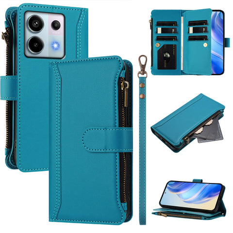 For Xiaomi Poco X6 5G / Xiaomi Redmi Note 13 Pro 5G Leather Case 9 Card Slots Zipper Wallet Stand Phone Cover with Wrist Strap