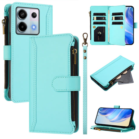 For Xiaomi Poco X6 5G / Xiaomi Redmi Note 13 Pro 5G Leather Case 9 Card Slots Zipper Wallet Stand Phone Cover with Wrist Strap