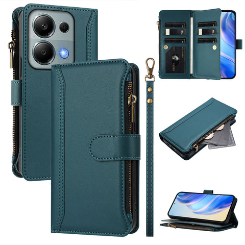 For Xiaomi Poco M6 Pro 4G / Xiaomi Redmi Note 13 Pro 4G Leather Case 9 Card Slots Zipper Wallet Stand Phone Cover with Wrist Strap