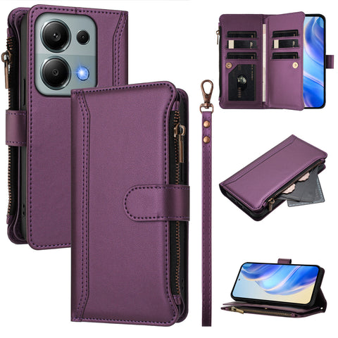 For Xiaomi Poco M6 Pro 4G / Xiaomi Redmi Note 13 Pro 4G Leather Case 9 Card Slots Zipper Wallet Stand Phone Cover with Wrist Strap