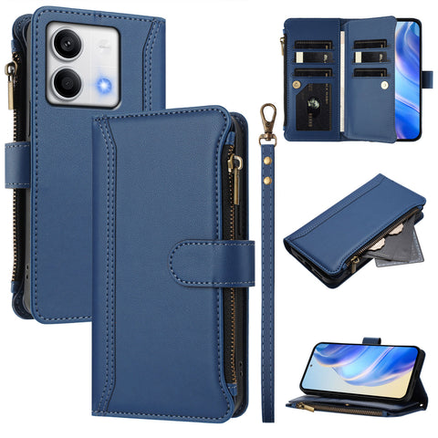 For Xiaomi Redmi Note 13 5G (China) / Xiaomi Redmi Note 13 5G Leather Case 9 Card Slots Zipper Wallet Stand Phone Cover with Wrist Strap