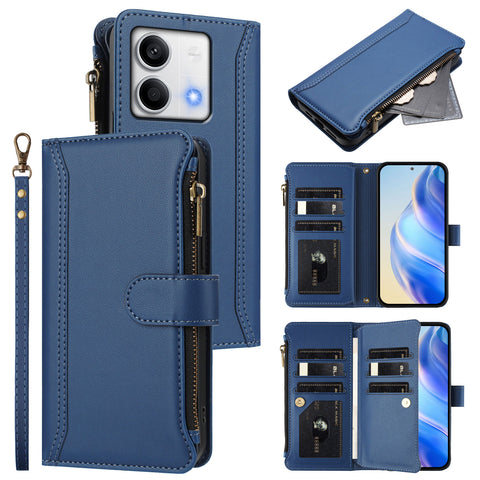 For Xiaomi Redmi Note 13 5G (China) / Xiaomi Redmi Note 13 5G Leather Case 9 Card Slots Zipper Wallet Stand Phone Cover with Wrist Strap