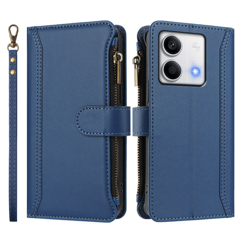 For Xiaomi Redmi Note 13 5G (China) / Xiaomi Redmi Note 13 5G Leather Case 9 Card Slots Zipper Wallet Stand Phone Cover with Wrist Strap