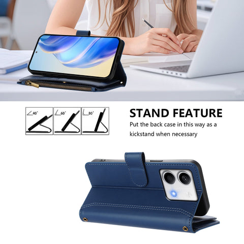 For Xiaomi Redmi Note 13 5G (China) / Xiaomi Redmi Note 13 5G Leather Case 9 Card Slots Zipper Wallet Stand Phone Cover with Wrist Strap