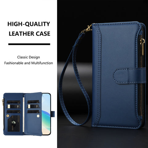 For Xiaomi Redmi Note 13 5G (China) / Xiaomi Redmi Note 13 5G Leather Case 9 Card Slots Zipper Wallet Stand Phone Cover with Wrist Strap