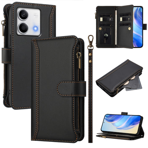 For Xiaomi Redmi Note 13 5G (China) / Xiaomi Redmi Note 13 5G Leather Case 9 Card Slots Zipper Wallet Stand Phone Cover with Wrist Strap