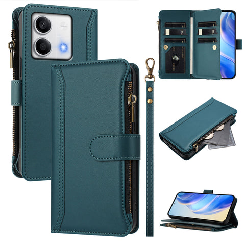 For Xiaomi Redmi Note 13 5G (China) / Xiaomi Redmi Note 13 5G Leather Case 9 Card Slots Zipper Wallet Stand Phone Cover with Wrist Strap