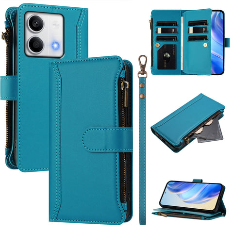 For Xiaomi Redmi Note 13 5G (China) / Xiaomi Redmi Note 13 5G Leather Case 9 Card Slots Zipper Wallet Stand Phone Cover with Wrist Strap