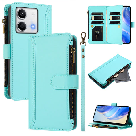 For Xiaomi Redmi Note 13 5G (China) / Xiaomi Redmi Note 13 5G Leather Case 9 Card Slots Zipper Wallet Stand Phone Cover with Wrist Strap