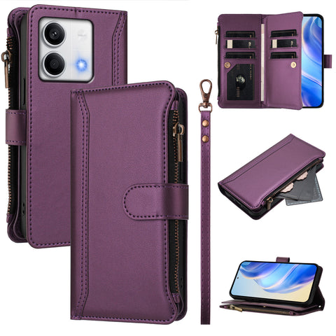 For Xiaomi Redmi Note 13 5G (China) / Xiaomi Redmi Note 13 5G Leather Case 9 Card Slots Zipper Wallet Stand Phone Cover with Wrist Strap